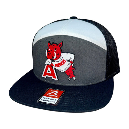 Arkansas Razorbacks- Leaning A 3D Snapback Seven-Panel Trucker Hat- Charcoal/ White/ Black