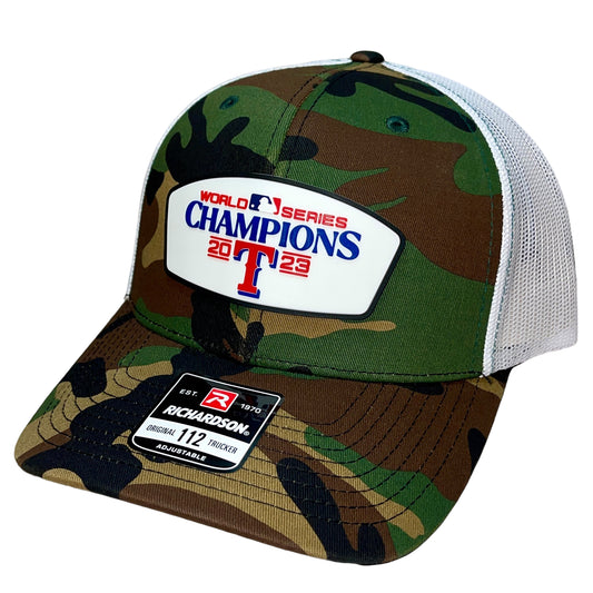 Texas Rangers 2023 World Series Champions Snapback Trucker Hat- Army Camo/ White