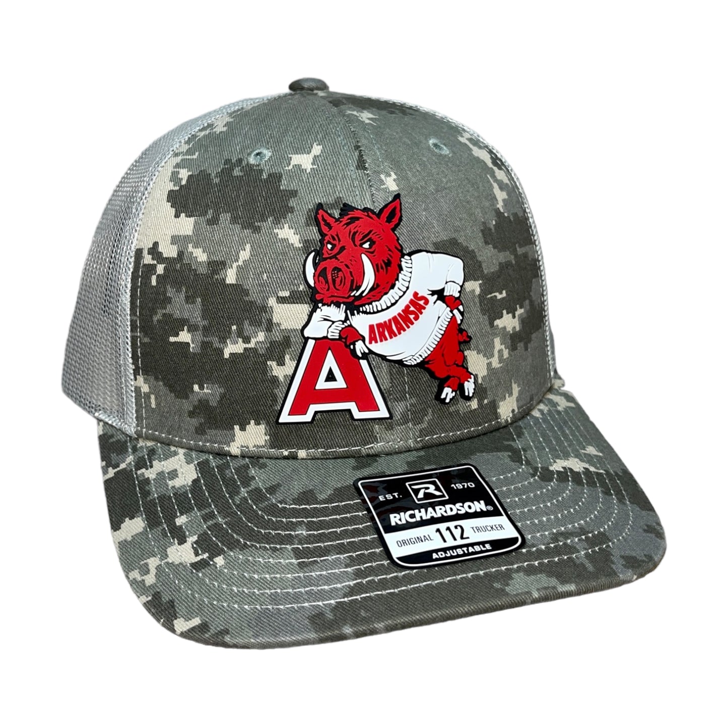 Arkansas Razorbacks- Leaning A 3D Snapback Trucker Hat- Military Digital Camo