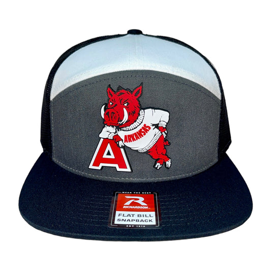 Arkansas Razorbacks- Leaning A 3D Snapback Seven-Panel Trucker Hat- Charcoal/ White/ Black