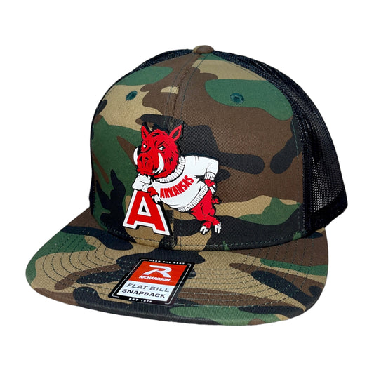 Arkansas Razorbacks- Leaning A 3D Wool Blend Flat Bill Hat- Army Camo/ Black