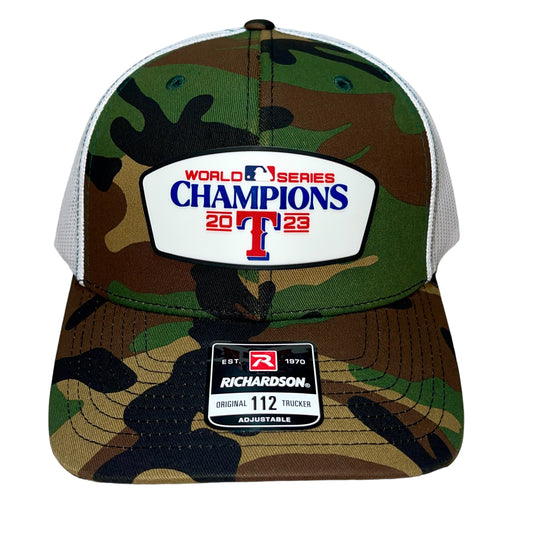 Texas Rangers 2023 World Series Champions Snapback Trucker Hat- Army Camo/ White