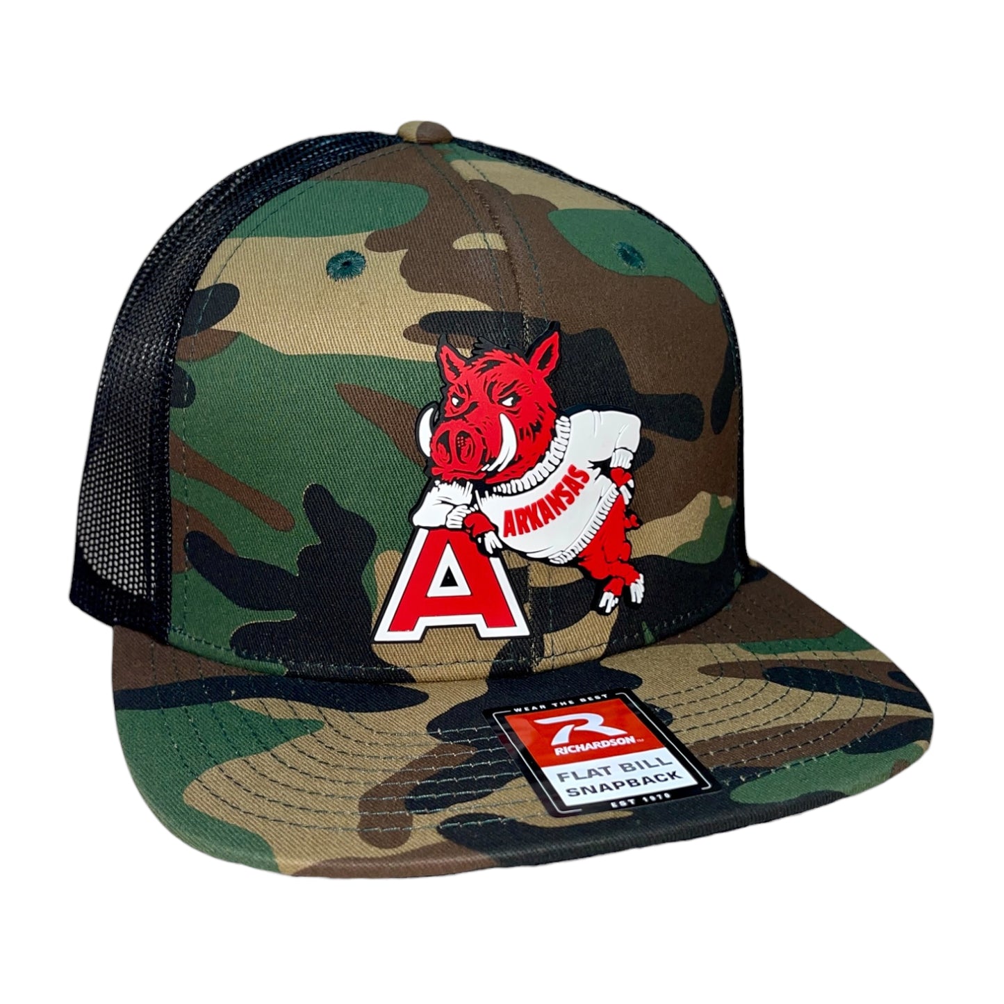 Arkansas Razorbacks- Leaning A 3D Wool Blend Flat Bill Hat- Army Camo/ Black