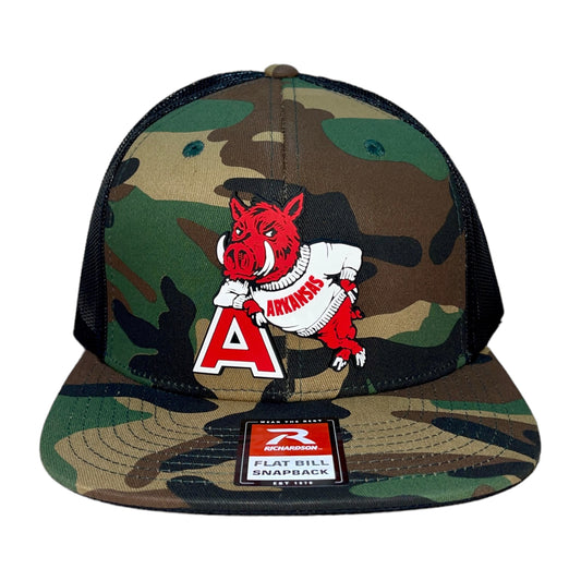 Arkansas Razorbacks- Leaning A 3D Wool Blend Flat Bill Hat- Army Camo/ Black