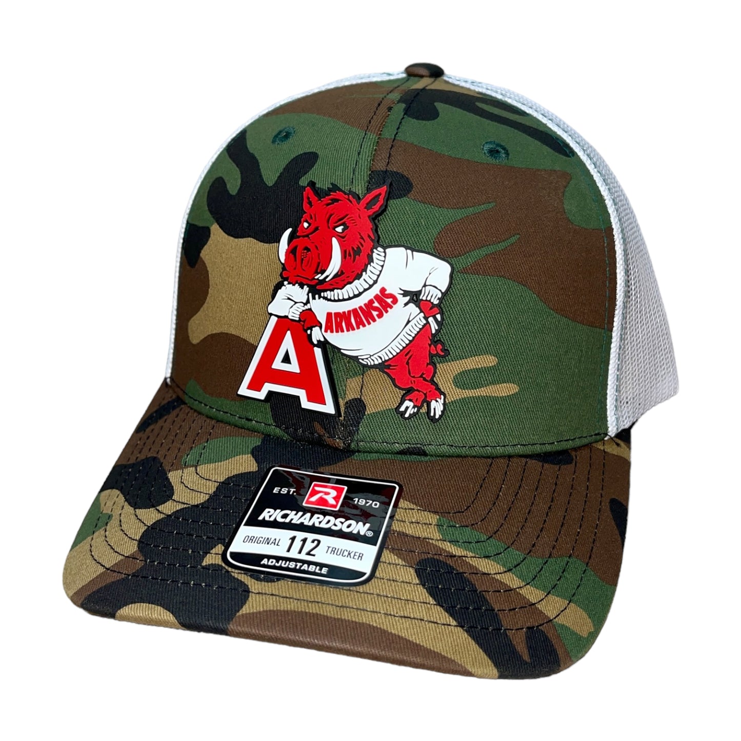 Arkansas Razorbacks- Leaning A 3D Snapback Trucker Hat- Army Camo/ White