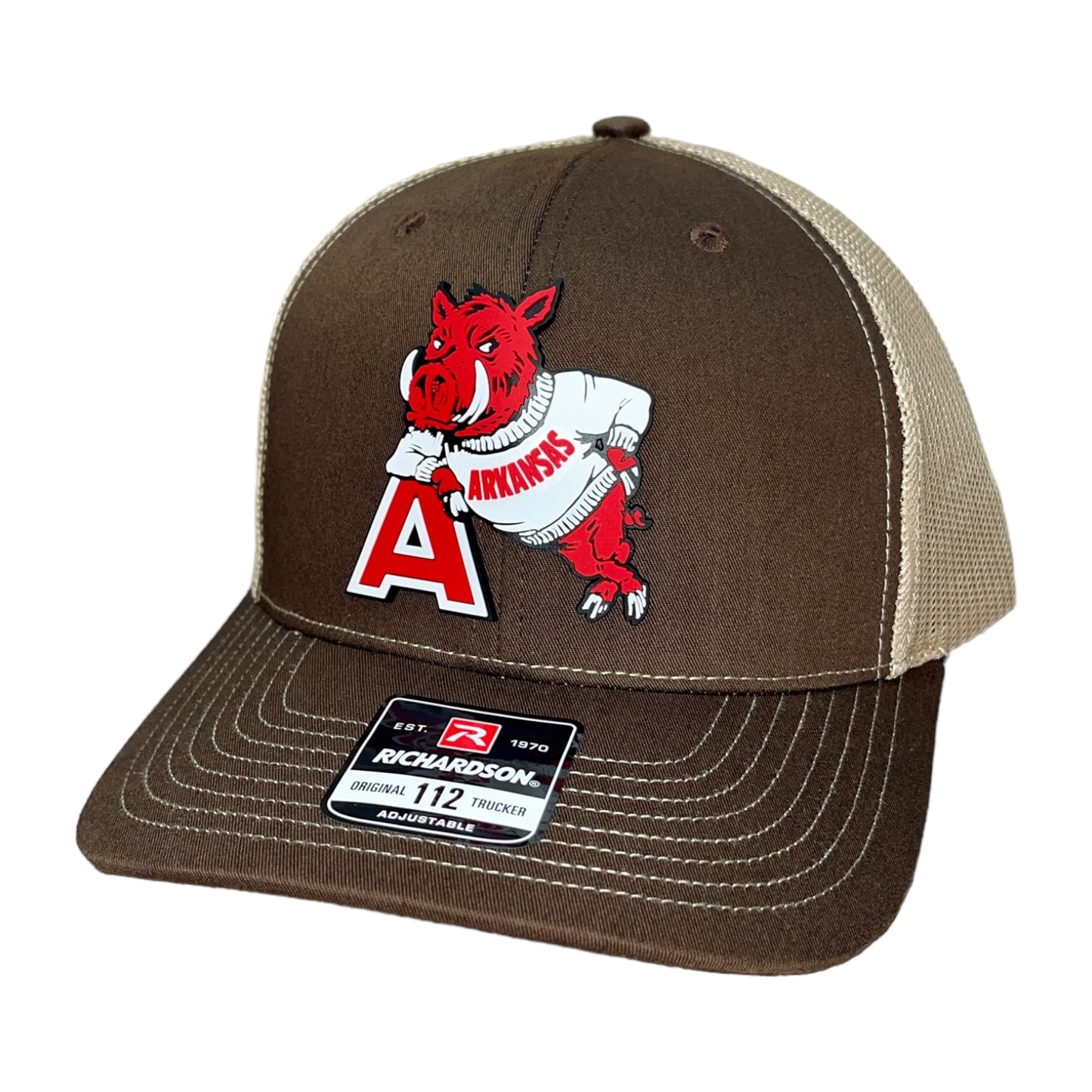 Arkansas Razorbacks- Leaning A 3D Snapback Trucker Hat- Brown/ Tan