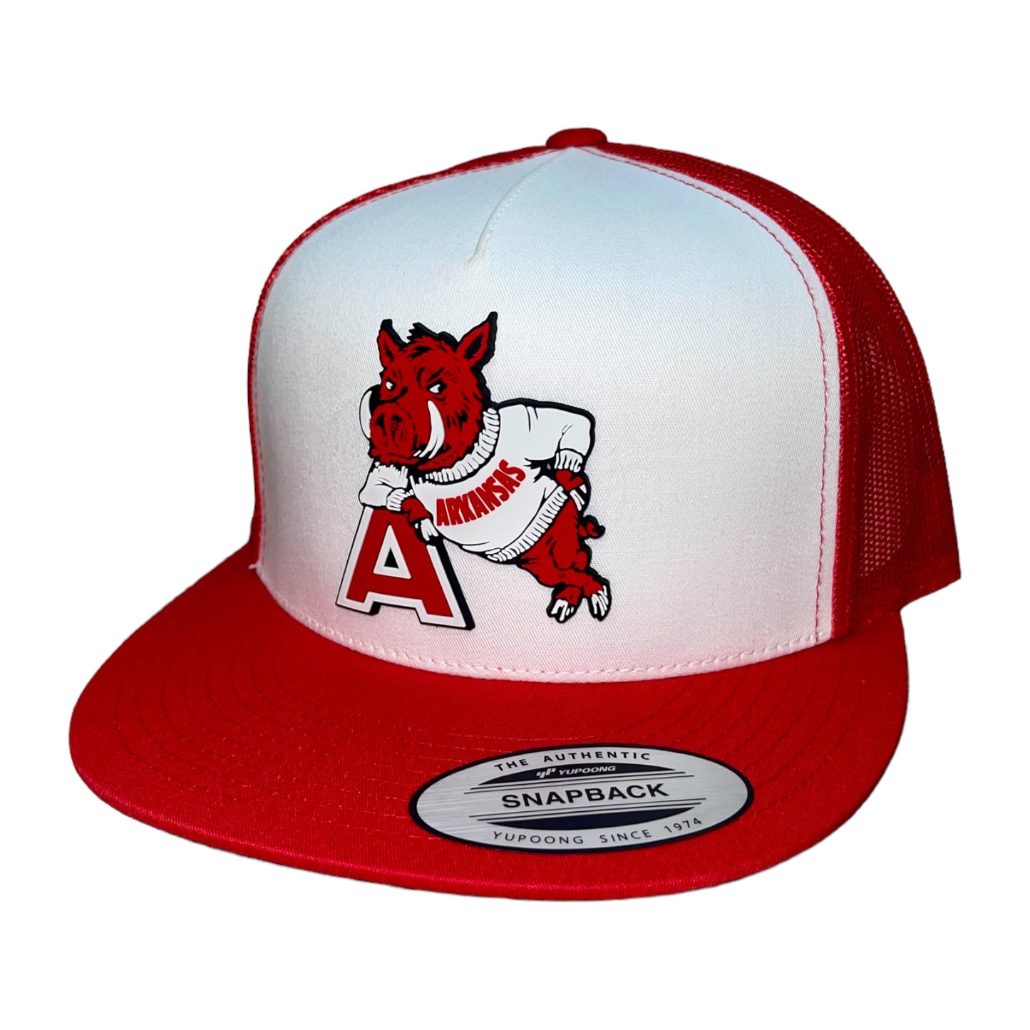 Arkansas Razorbacks- Leaning A 3D YP Snapback Flat Bill Trucker Hat- White/ Red