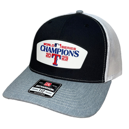 Texas Rangers 2023 World Series Champions 3D Snapback Trucker Hat- Black/ White/ Heather Grey