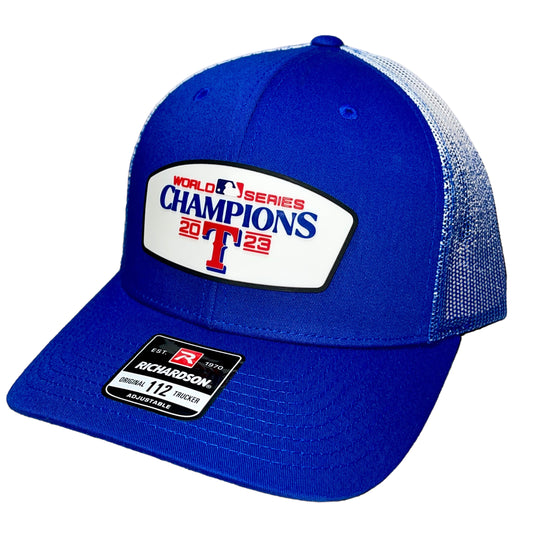 Texas Rangers 2023 World Series Champions 3D Patterned Mesh Trucker Hat- Royal Fade