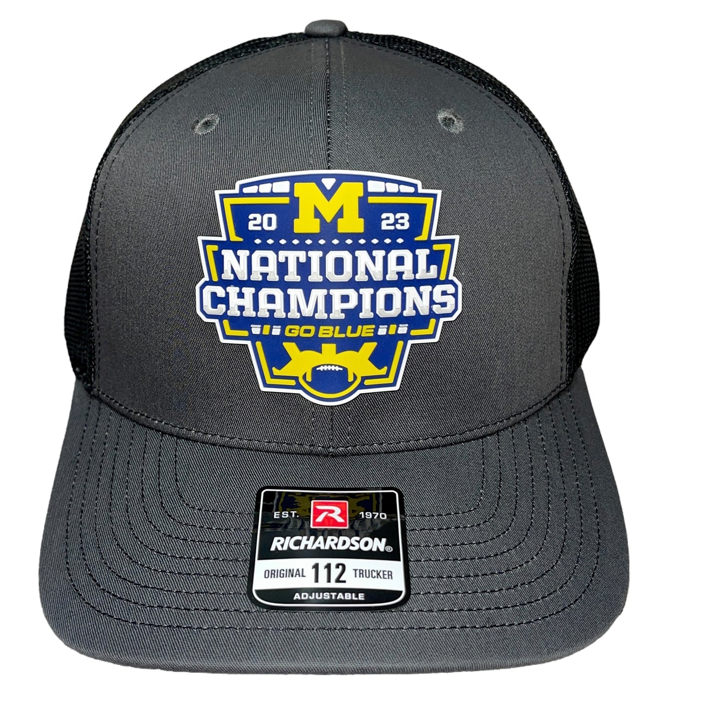 Michigan College Football Playoff 2023 National Champions 3D Snapback Trucker Hat- Charcoal/ Black - Ten Gallon Hat Co.