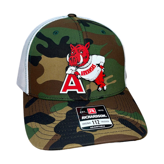 Arkansas Razorbacks- Leaning A 3D Snapback Trucker Hat- Army Camo/ White