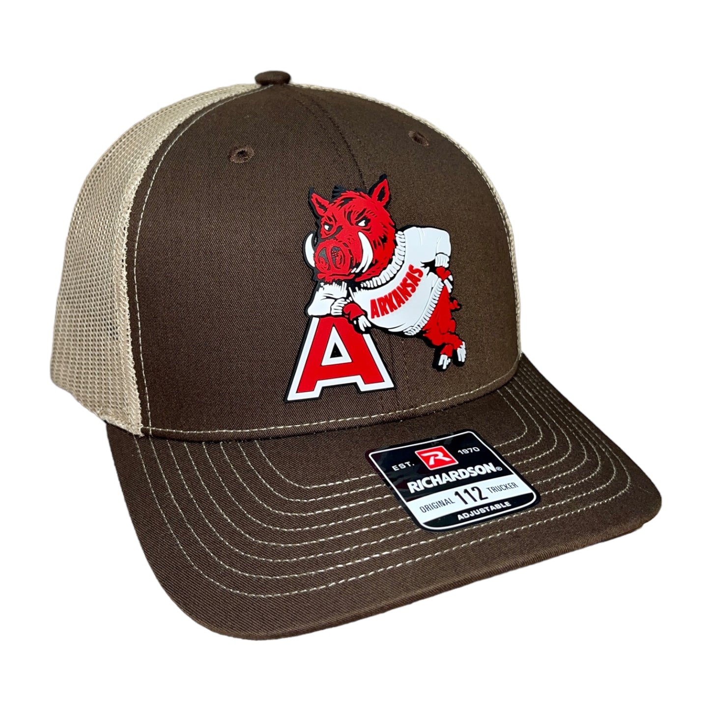 Arkansas Razorbacks- Leaning A 3D Snapback Trucker Hat- Brown/ Tan