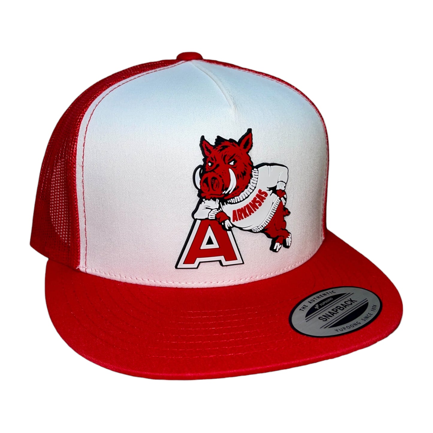 Arkansas Razorbacks- Leaning A 3D YP Snapback Flat Bill Trucker Hat- White/ Red