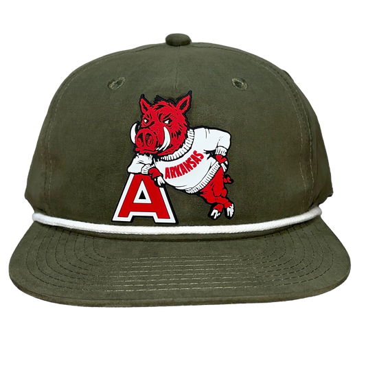 Arkansas Razorbacks- Leaning A 3D Classic Rope Hat- Olive/ White - Ten Gallon Hat Co.