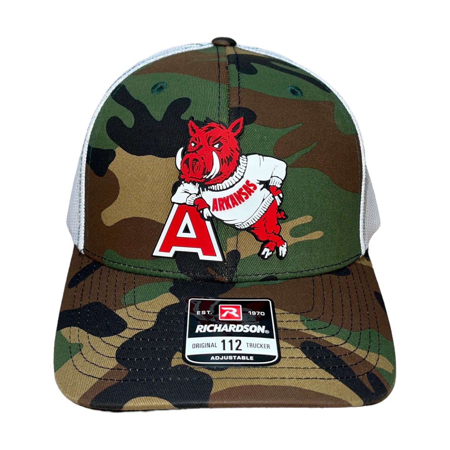 Arkansas Razorbacks- Leaning A 3D Snapback Trucker Hat- Army Camo/ White