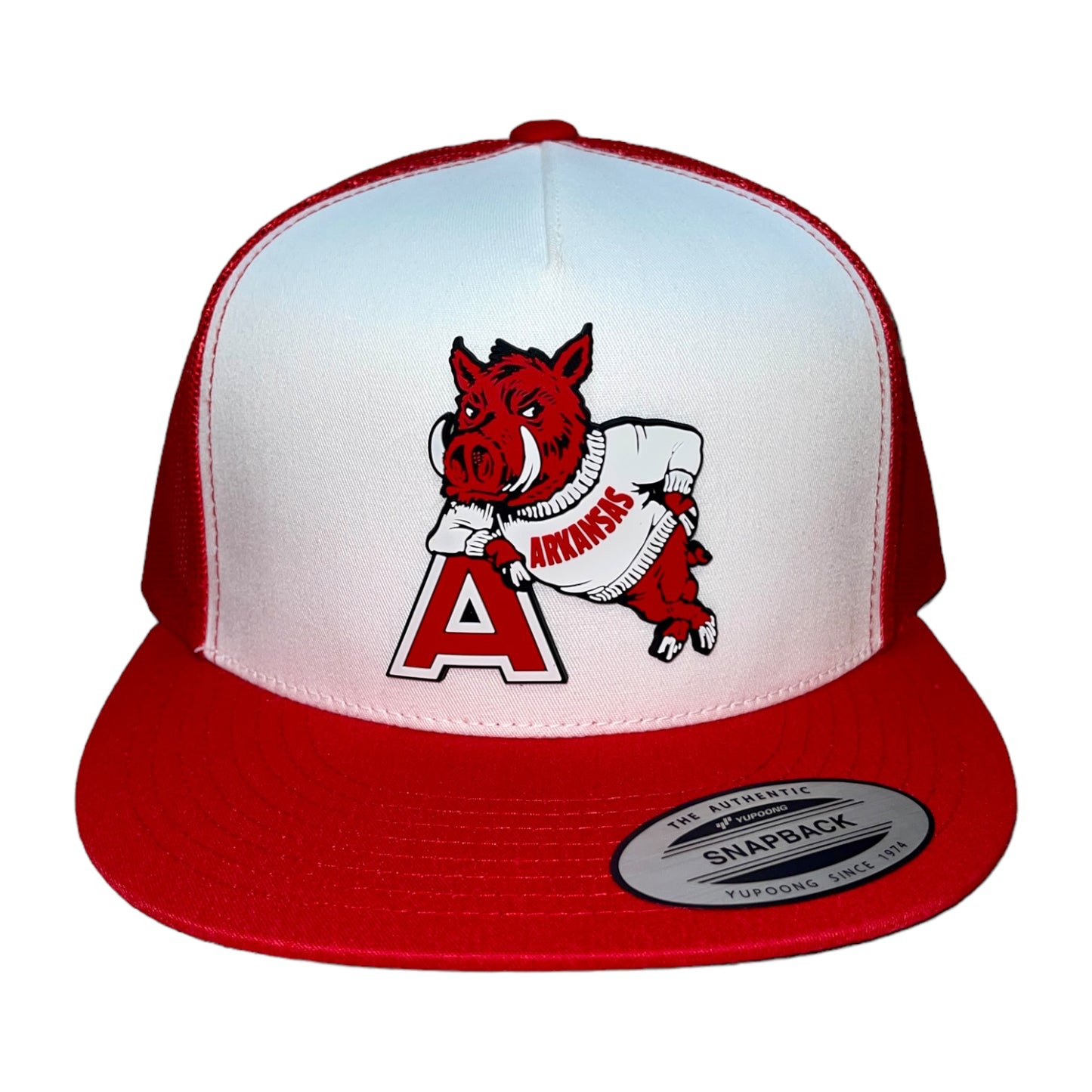 Arkansas Razorbacks- Leaning A 3D YP Snapback Flat Bill Trucker Hat- White/ Red