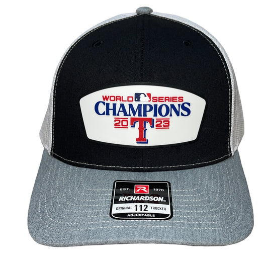 Texas Rangers 2023 World Series Champions 3D Snapback Trucker Hat- Black/ White/ Heather Grey