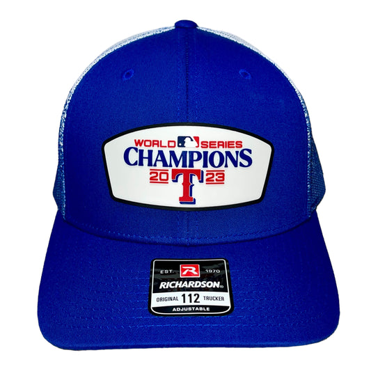 Texas Rangers 2023 World Series Champions 3D Patterned Mesh Trucker Hat- Royal Fade