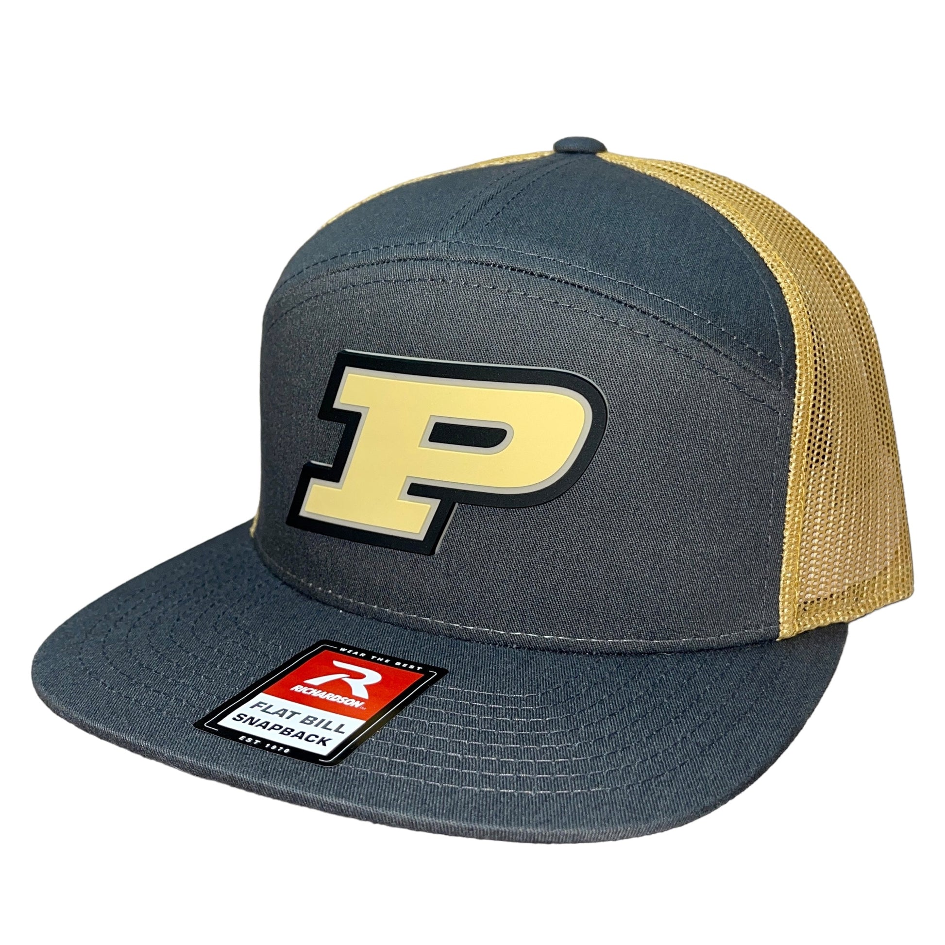 Purdue Boilermakers 3D Snapback Seven-Panel Flat Bill Trucker Hat- Charcoal/ Old Gold - Ten Gallon Hat Co.