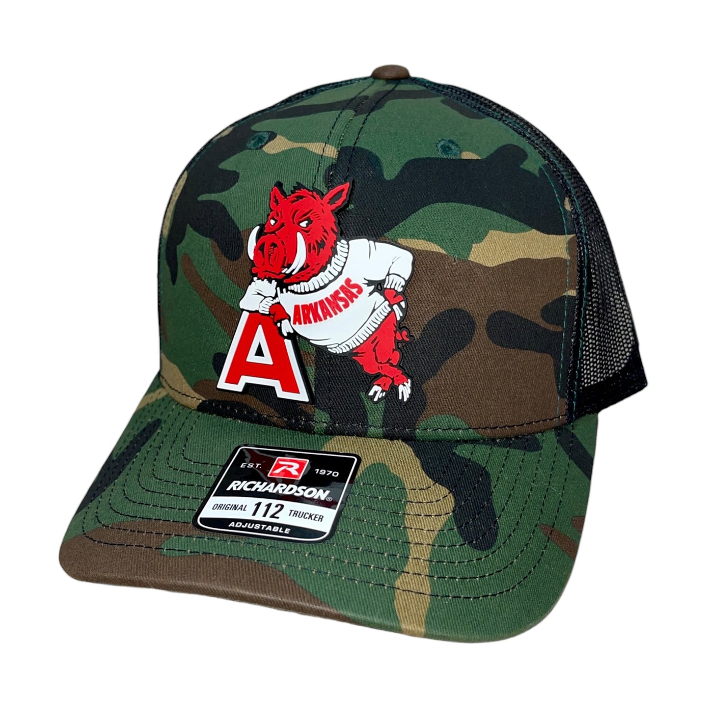 Arkansas Razorbacks- Leaning A 3D Snapback Trucker Hat- Army Camo/ Black