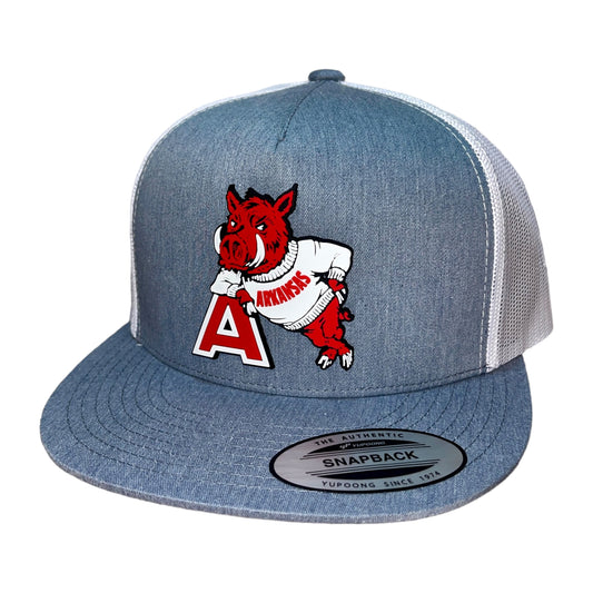 Arkansas Razorbacks- Leaning A 3D YP Snapback Flat Bill Trucker Hat- Heather Grey/ White