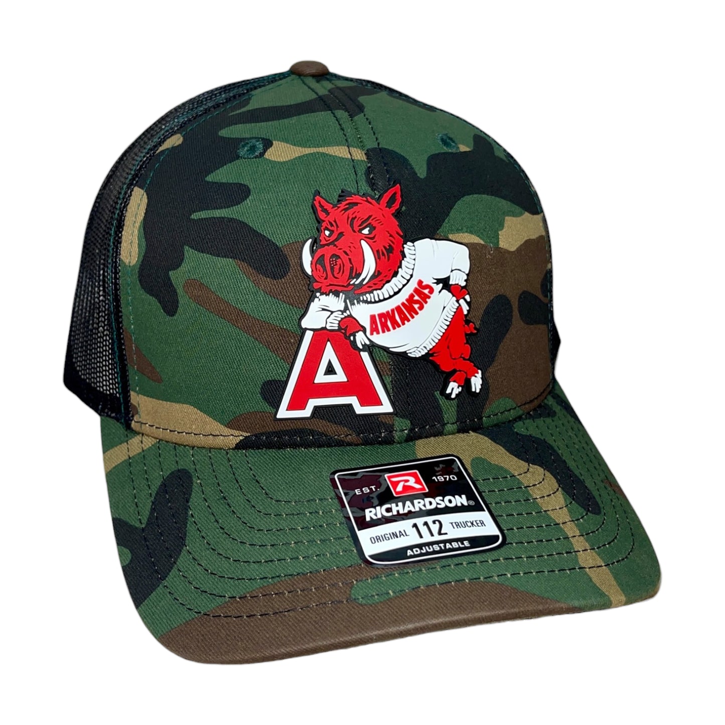 Arkansas Razorbacks- Leaning A 3D Snapback Trucker Hat- Army Camo/ Black