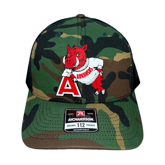 Arkansas Razorbacks- Leaning A 3D Snapback Trucker Hat- Army Camo/ Black