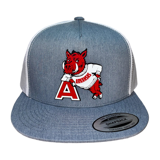 Arkansas Razorbacks- Leaning A 3D YP Snapback Flat Bill Trucker Hat- Heather Grey/ White