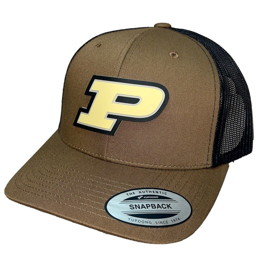 Purdue Boilermakers 3D YP Snapback Trucker Hat- Coyote Brown/ Black - Ten Gallon Hat Co.