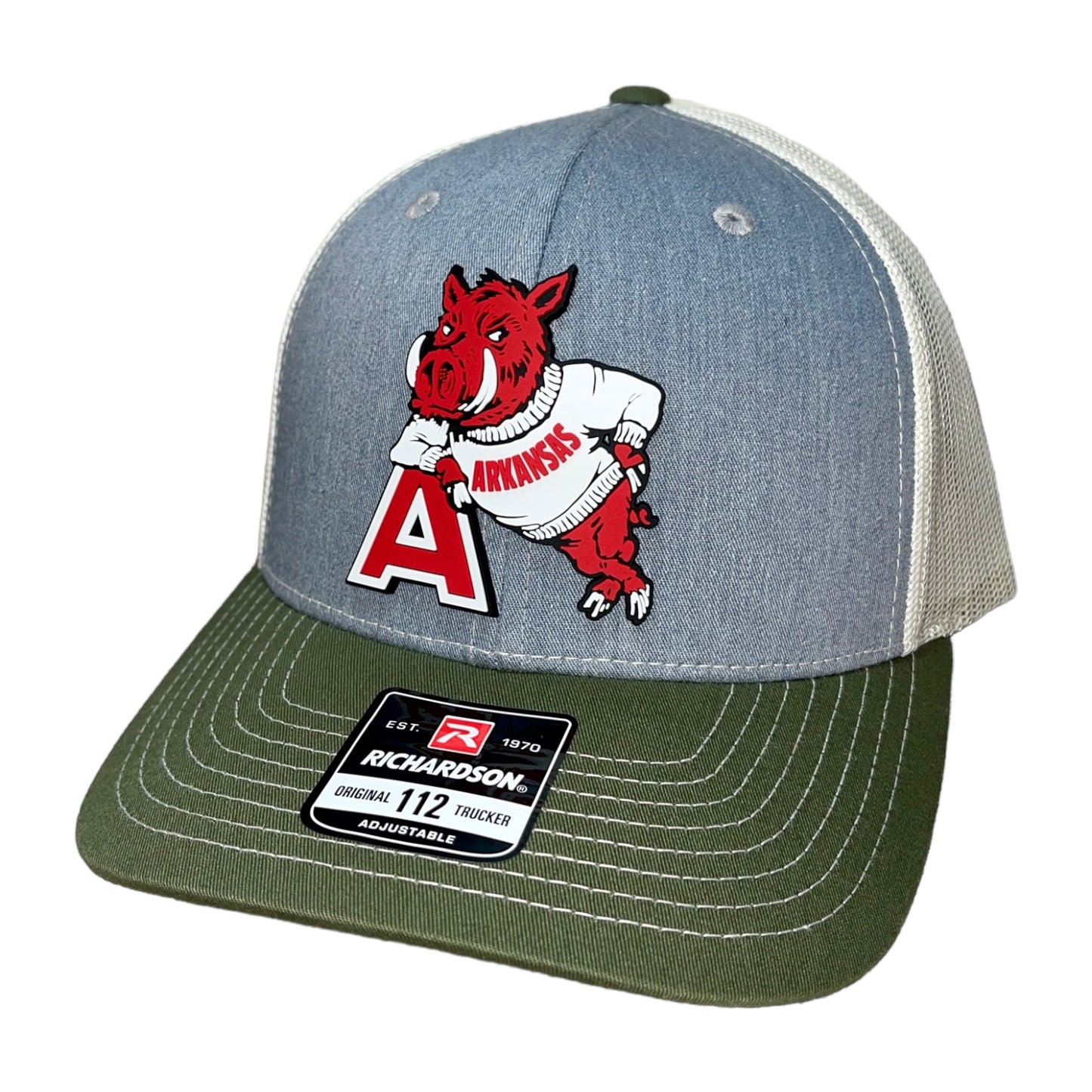 Arkansas Razorbacks- Leaning A 3D Snapback Trucker Hat- Heather Grey/ Birch/ Olive