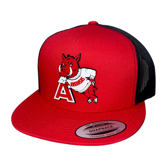 Arkansas Razorbacks- Leaning A 3D YP Snapback Flat Bill Trucker Hat- Red/ Black