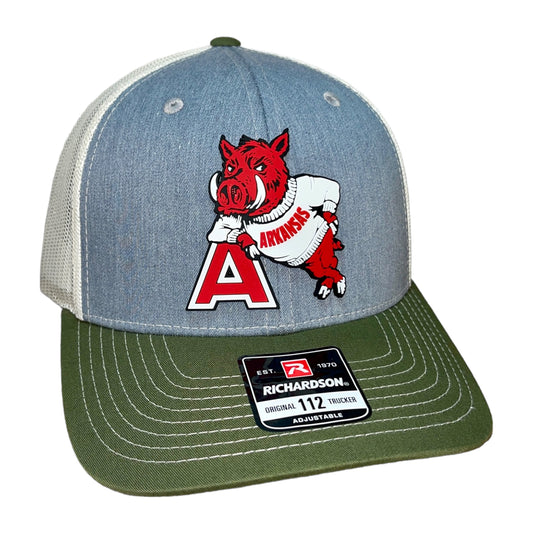 Arkansas Razorbacks- Leaning A 3D Snapback Trucker Hat- Heather Grey/ Birch/ Olive