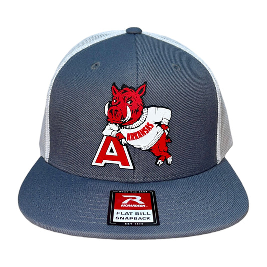 Arkansas Razorbacks- Leaning A 3D Wool Blend Flat Bill Hat- Charcoal/ White