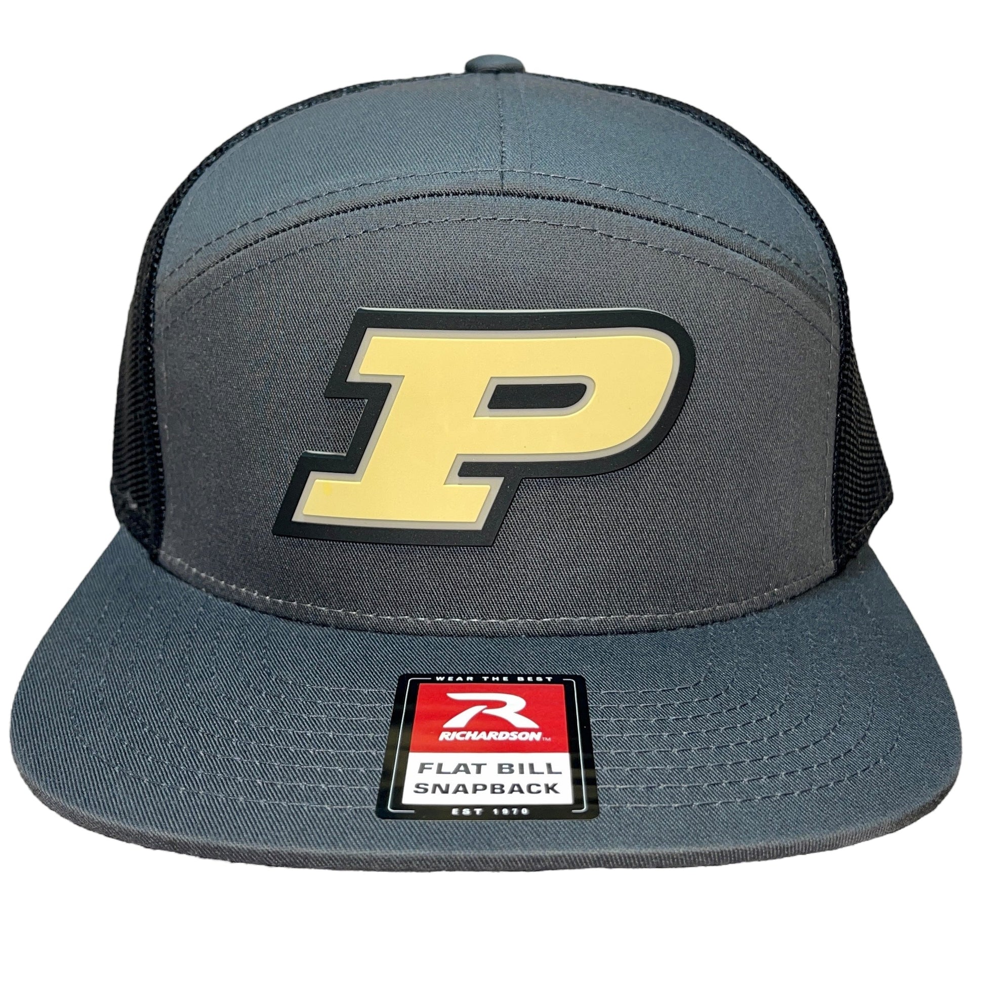 Purdue Boilermakers 3D Snapback Seven-Panel Flat Bill Trucker Hat- Charcoal/ Black - Ten Gallon Hat Co.