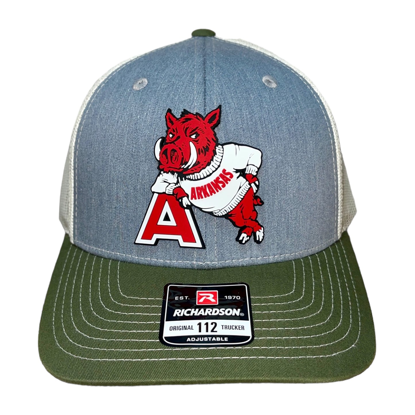 Arkansas Razorbacks- Leaning A 3D Snapback Trucker Hat- Heather Grey/ Birch/ Olive