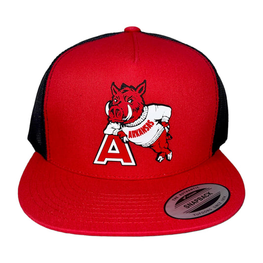 Arkansas Razorbacks- Leaning A 3D YP Snapback Flat Bill Trucker Hat- Red/ Black