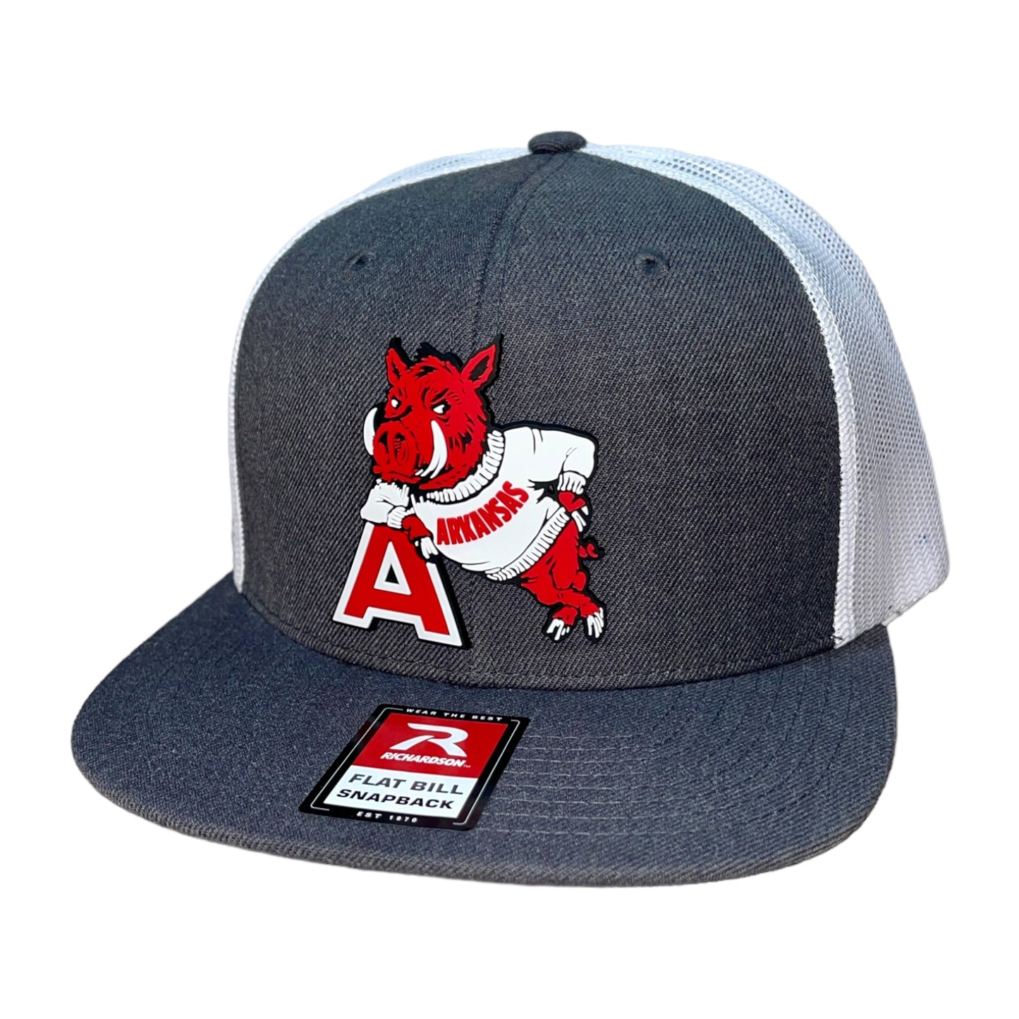 Arkansas Razorbacks- Leaning A 3D Wool Blend Flat Bill Hat- Heather Charcoal/ White