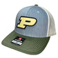 Purdue Boilermakers 3D Snapback Trucker Hat- Heather Grey/ Birch/ Army Olive - Ten Gallon Hat Co.