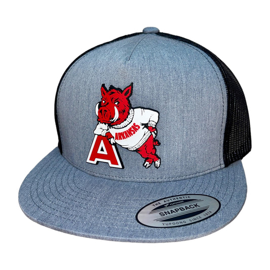 Arkansas Razorbacks- Leaning A 3D YP Snapback Flat Bill Trucker Hat- Heather Grey/ Black