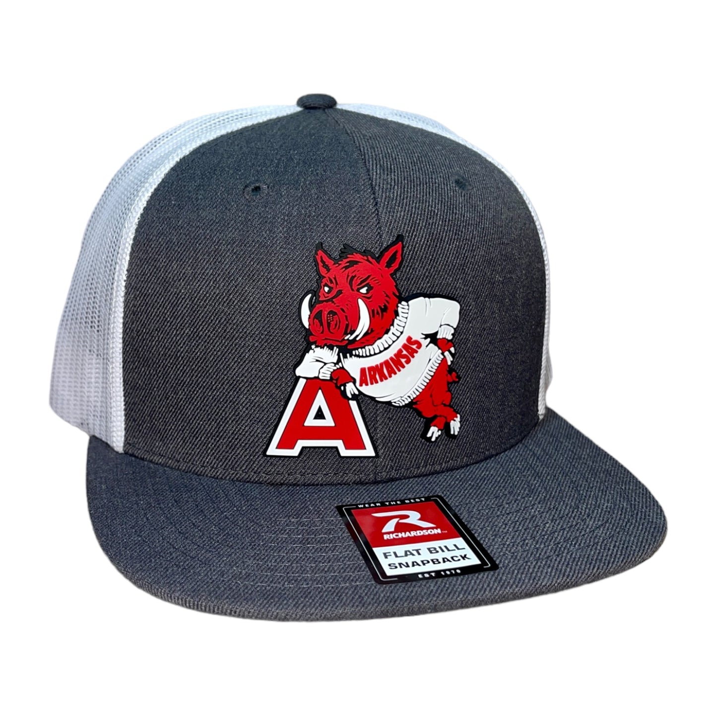 Arkansas Razorbacks- Leaning A 3D Wool Blend Flat Bill Hat- Heather Charcoal/ White