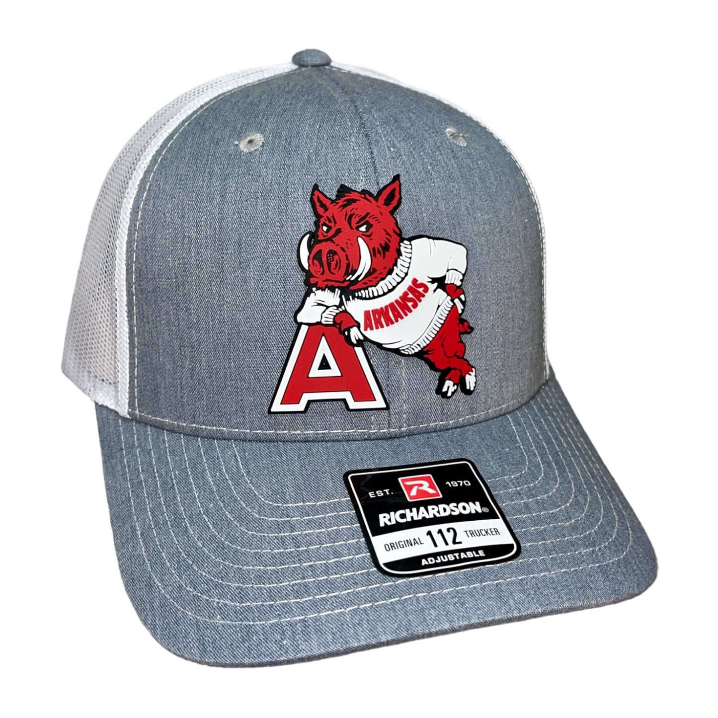 Arkansas Razorbacks- Leaning A 3D Snapback Trucker Hat- Heather Grey/ White