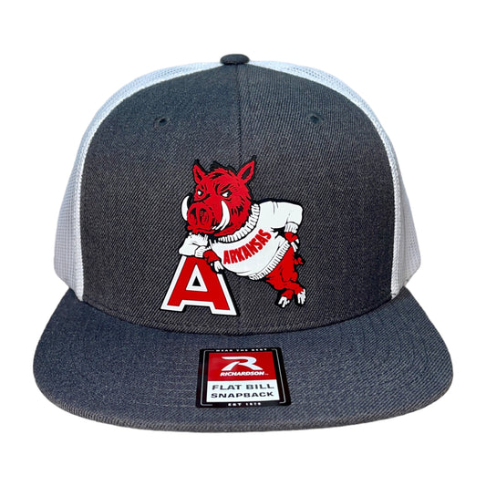 Arkansas Razorbacks- Leaning A 3D Wool Blend Flat Bill Hat- Heather Charcoal/ White