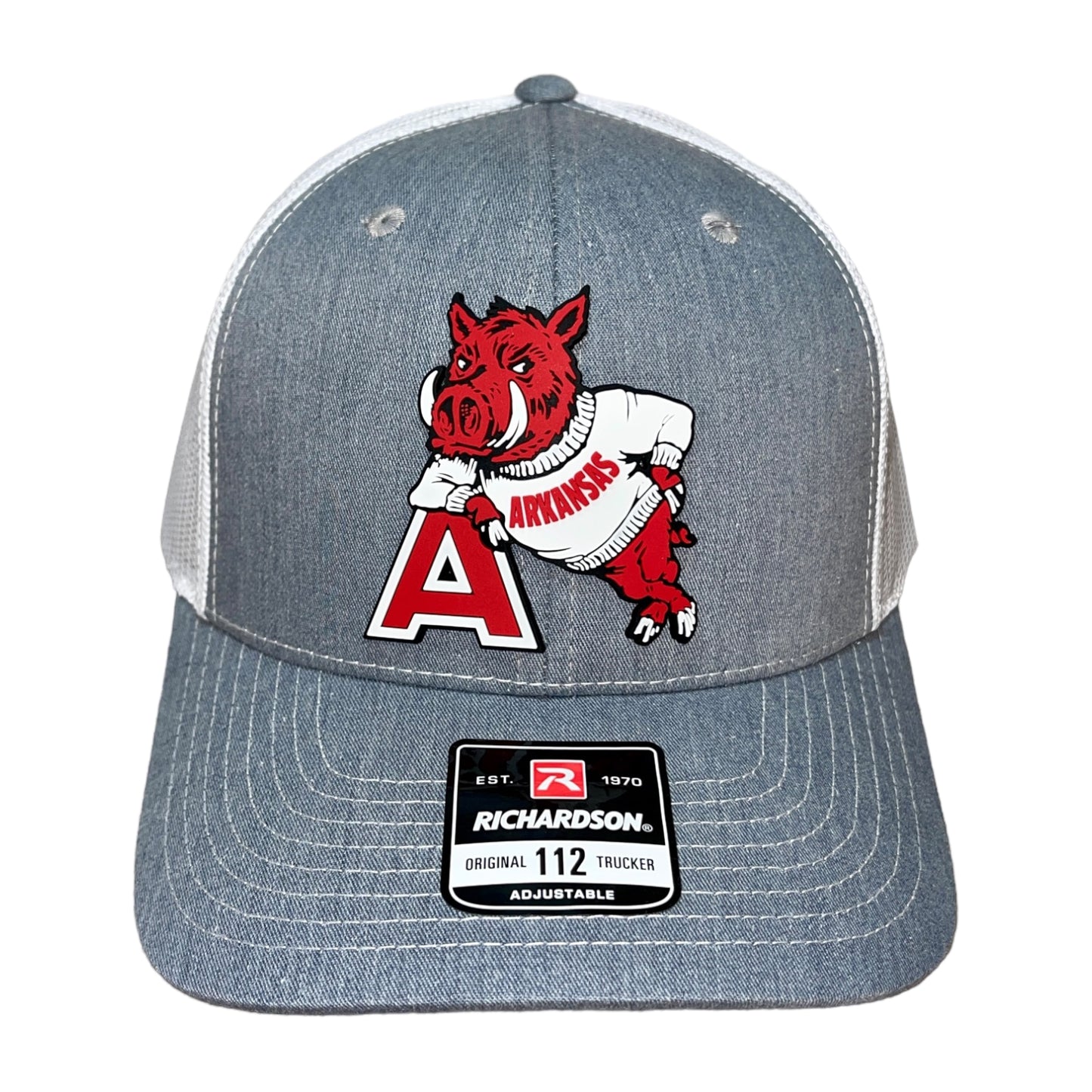 Arkansas Razorbacks- Leaning A 3D Snapback Trucker Hat- Heather Grey/ White