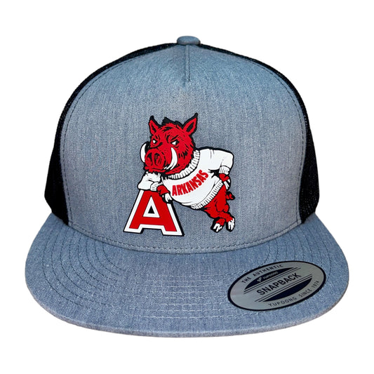 Arkansas Razorbacks- Leaning A 3D YP Snapback Flat Bill Trucker Hat- Heather Grey/ Black