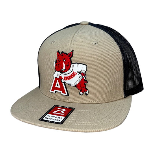 Arkansas Razorbacks- Leaning A 3D Wool Blend Flat Bill Hat- Tan/ Black