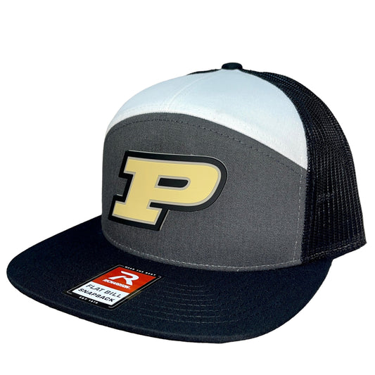 Purdue Boilermakers 3D Snapback Seven-Panel Flat Bill Trucker Hat- Charcoal/ White/ Black - Ten Gallon Hat Co.