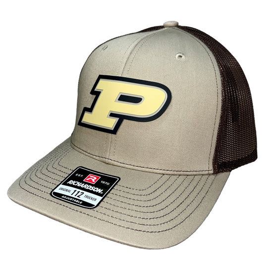 Purdue Boilermakers 3D Snapback Trucker Hat- Khaki/ Coffee - Ten Gallon Hat Co.