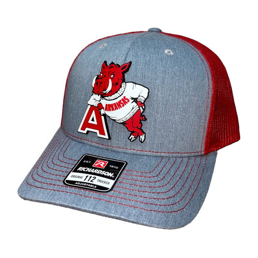 Arkansas Razorbacks- Leaning A 3D Snapback Trucker Hat- Heather Grey/ Red