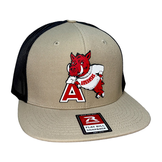 Arkansas Razorbacks- Leaning A 3D Wool Blend Flat Bill Hat- Tan/ Black