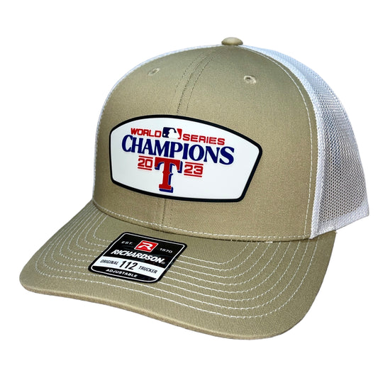 Texas Rangers 2023 World Series Champions 3D Snapback Trucker Hat- Khaki/ White